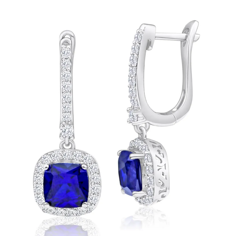 Sterling Silver Rhodium Plated Created Sapphire   Cubic Zirconia Drop Earrings