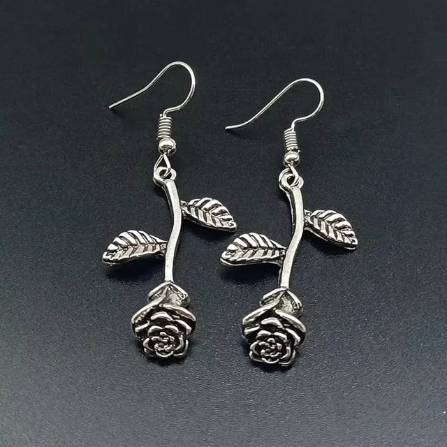 Sterling Silver Rose Stem  Hanging  Earrings