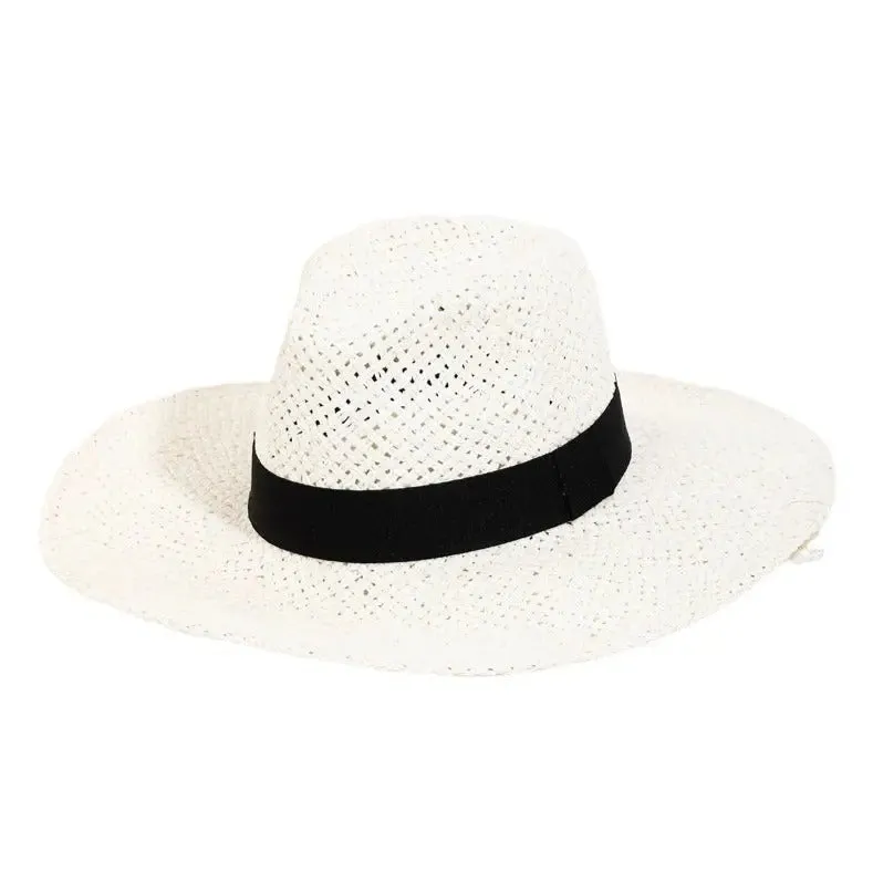 Straw Braided Black Ribbon Strap Sun Hat