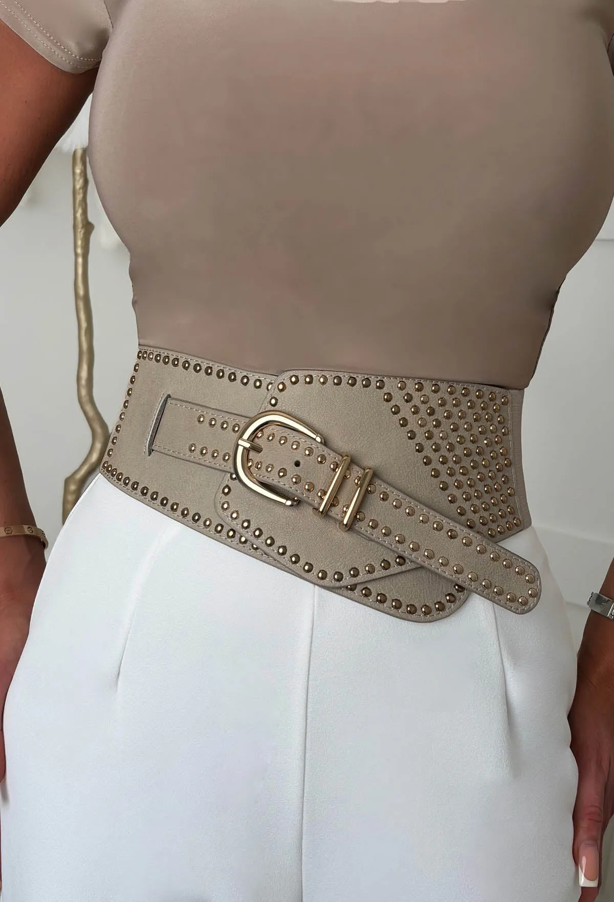 Studded Baddie Nude Buckle Detail Elasticated Belt