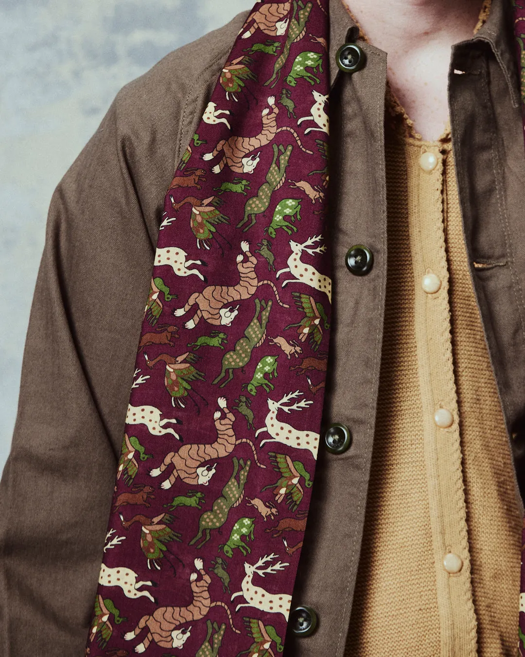 UK Wool and Silk Scarf - Woodland Creatures in Burgundy