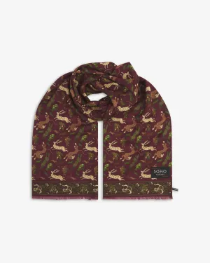 UK Wool and Silk Scarf - Woodland Creatures in Burgundy