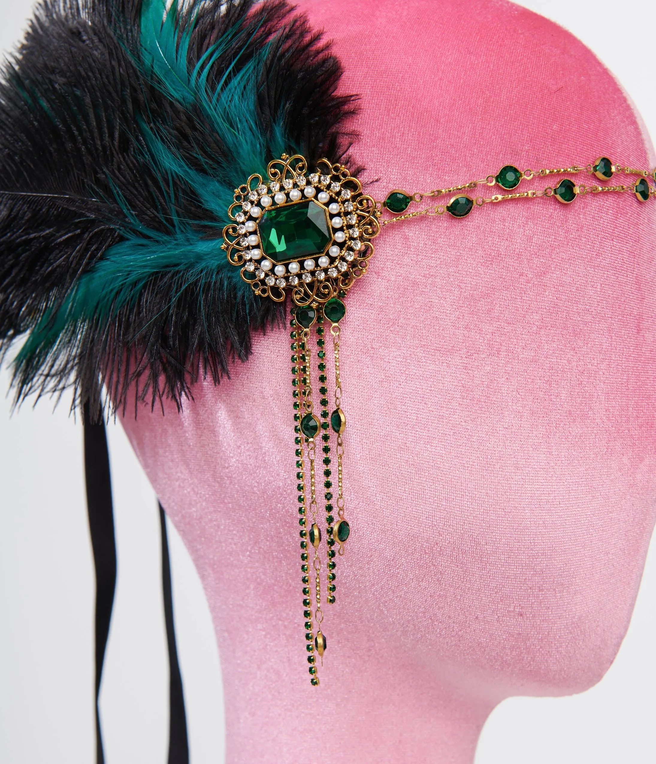 Unique Vintage 1920s Black Feather & Emerald Rhinestone Headband