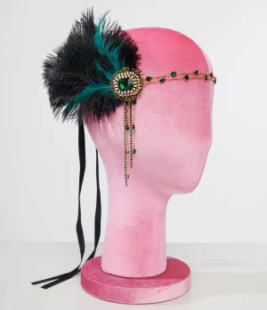 Unique Vintage 1920s Black Feather & Emerald Rhinestone Headband