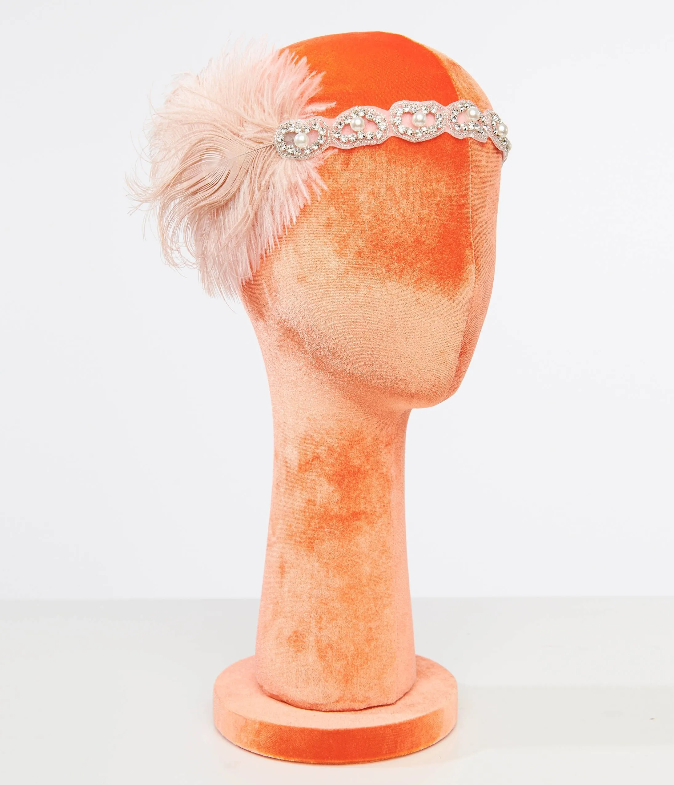 Unique Vintage 1920s Peach Feather & Silver Rhinestone Headband