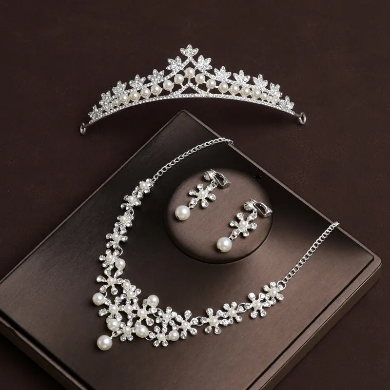 Wedding crown main wedding dress crown headband Korean style high-end and atmospheric pearl necklace three-piece set