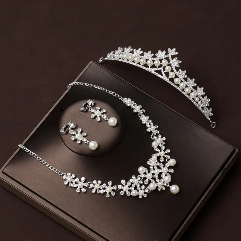 Wedding crown main wedding dress crown headband Korean style high-end and atmospheric pearl necklace three-piece set