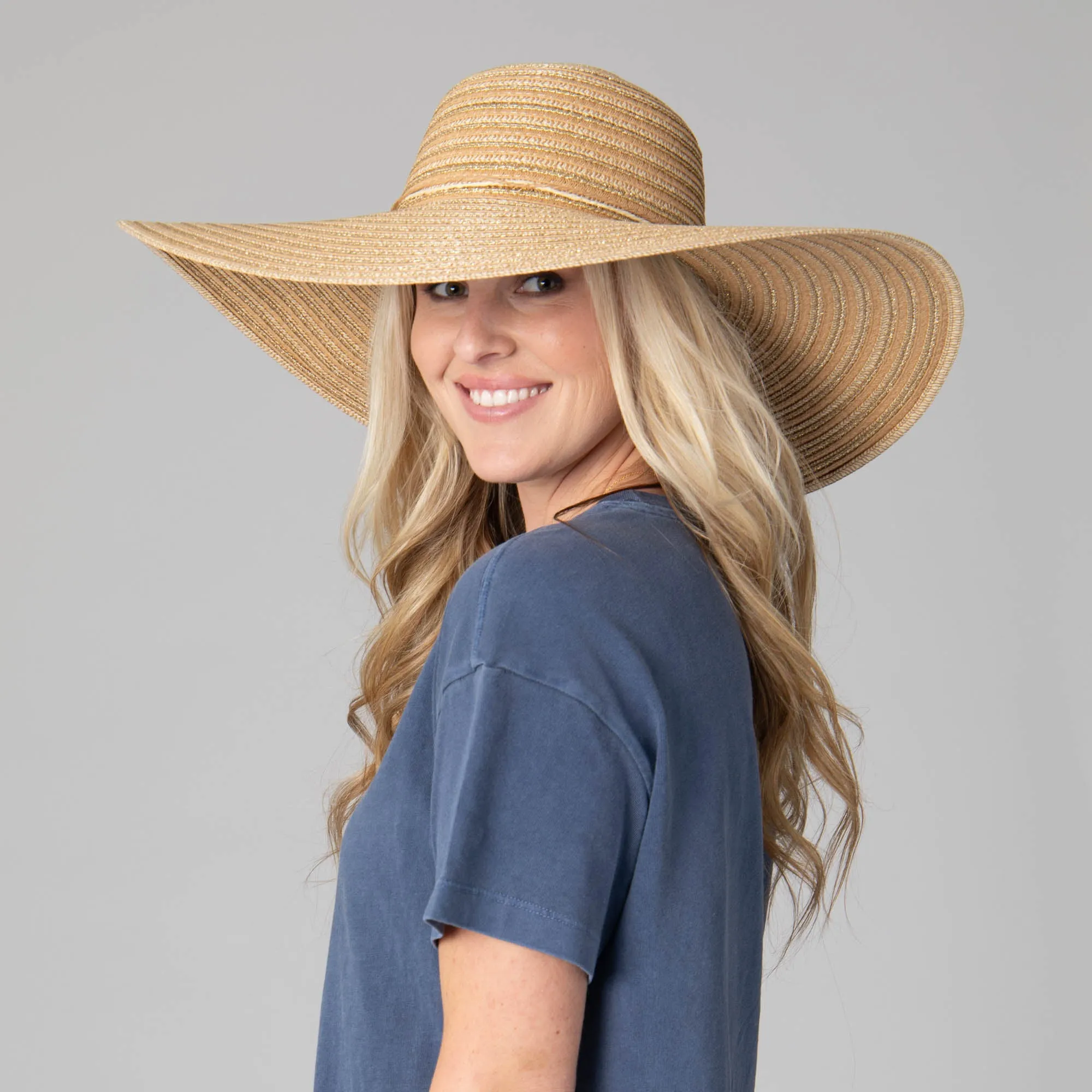 Wide Brim Women's Floppy Sun Hat with Gold Lurex